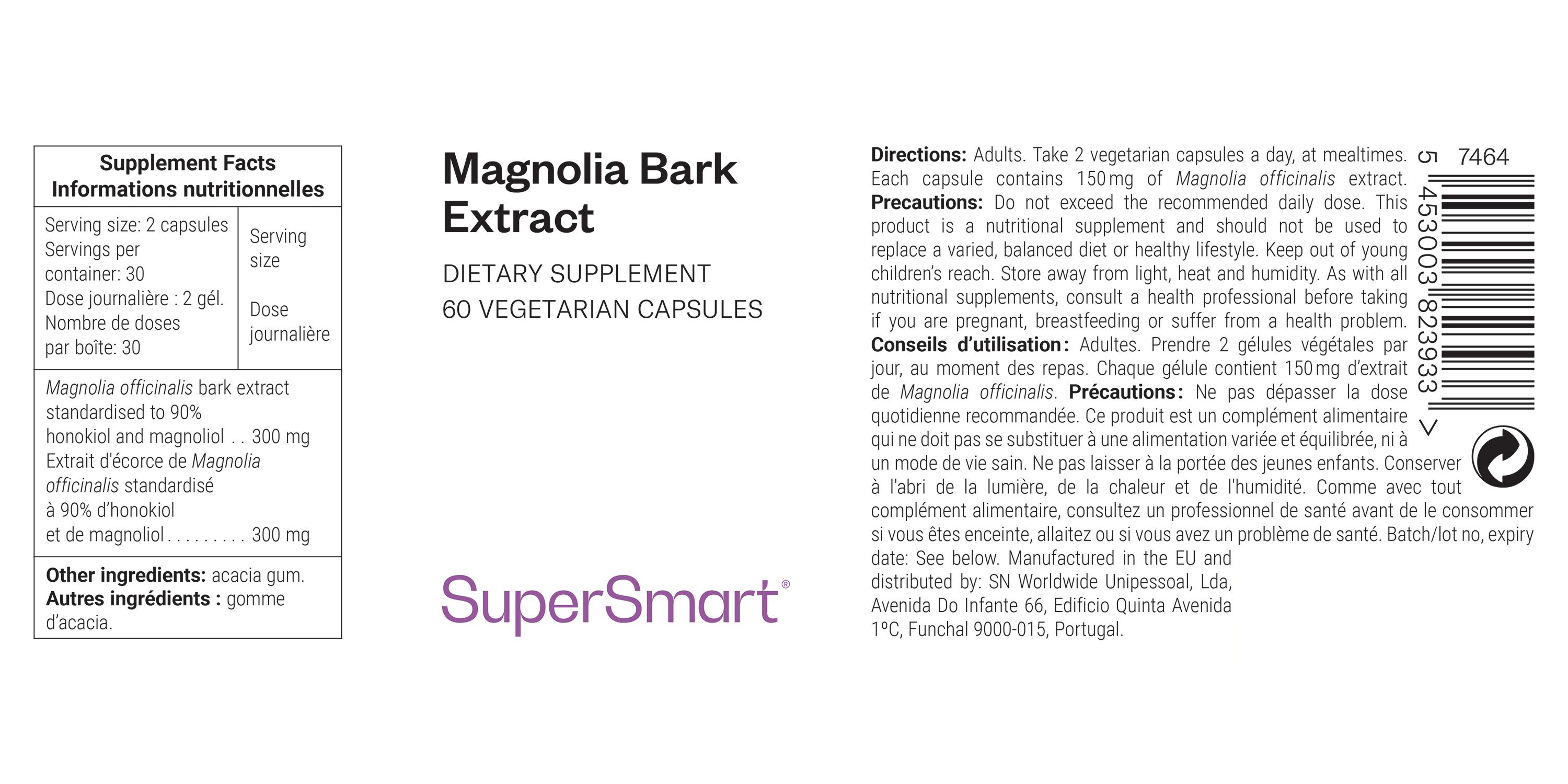 Etikett mit Text: Magnolia Bark Extract, Dietary Supplement, 60 Vegetarian Capsules. Nährwertangaben. SuperSmart Logo. Barcode.