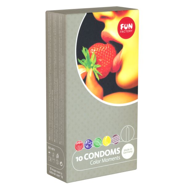 Karton mit Kondomen. Aufdruck: Fun Factory, 10 Condoms Color Moments. Abbildung: Mund mit Erdbeere.