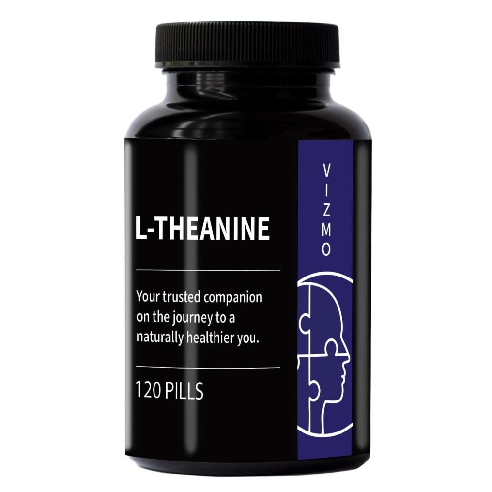 Schwarze Flasche mit L-Theanin-Kapseln. Aufschrift: L-Theanin, 120 Pillen. Marke: Vizmo. Lila Etikett mit Kopf-Puzzle-Grafik.