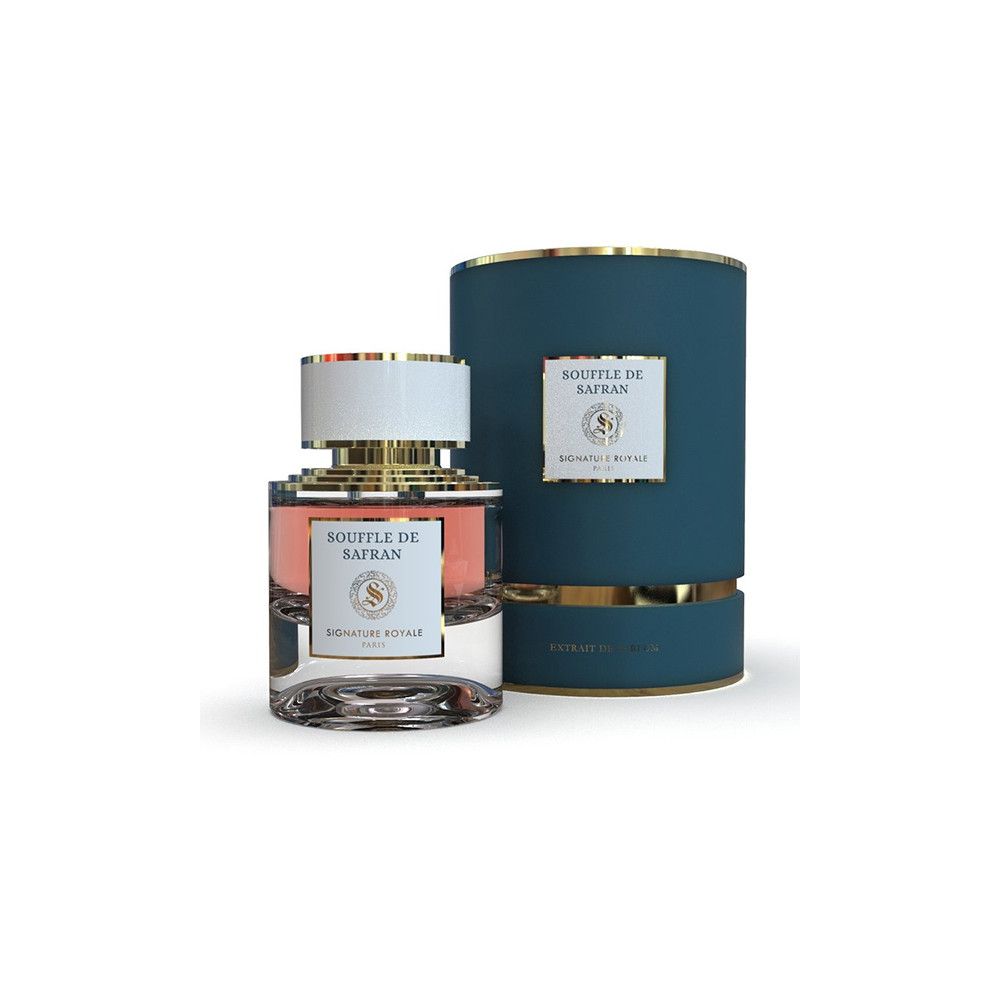 Parfümflakon und Zylinderbox. Flakon mit weißem Deckel, goldfarbenen Elementen und rosa Flüssigkeit. Blaue Box mit goldener Umrandung.