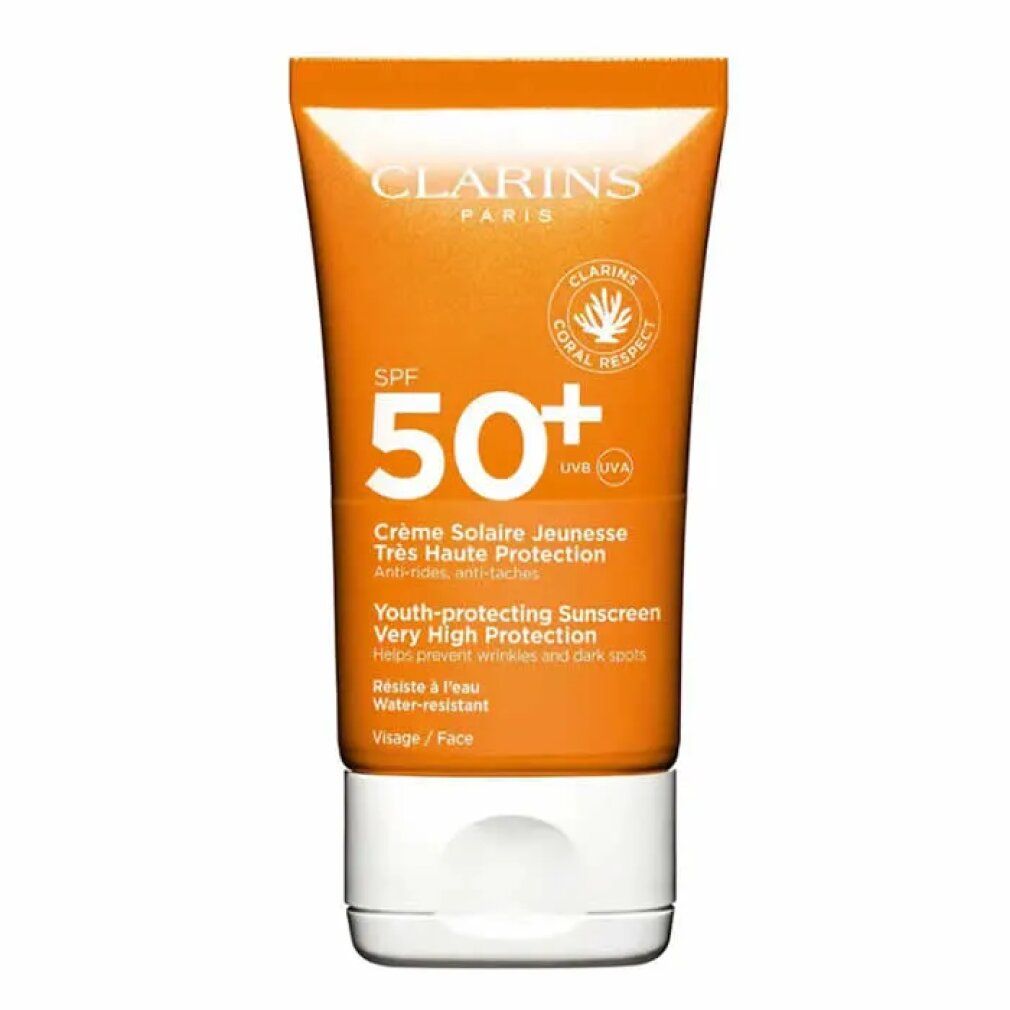 Orange Tube mit weißem Deckel. Text: Clarins Paris, SPF 50+, Crème Solaire Jeunesse, Très Haute Protection, Wasserfest.
