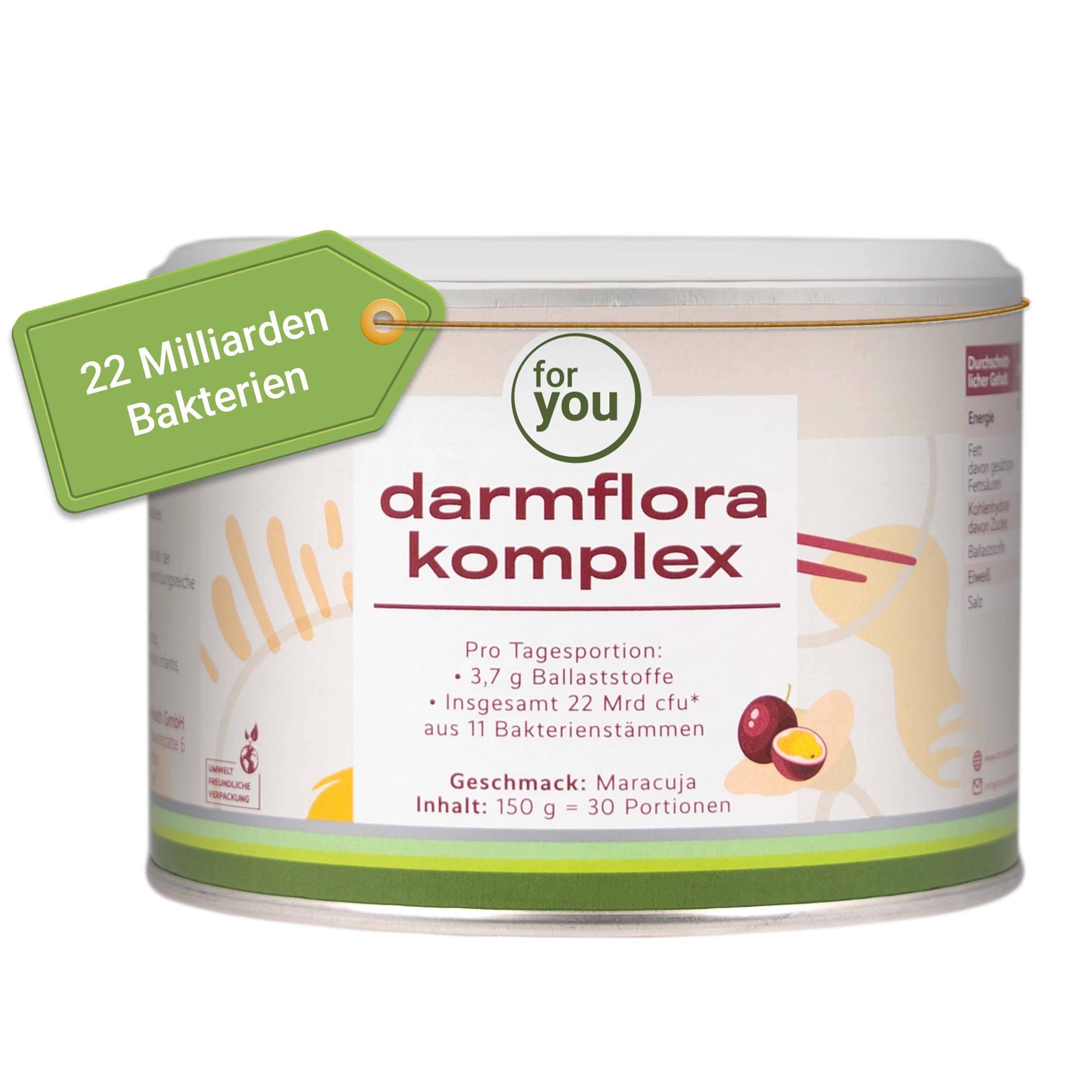 Dose 'for you Darmflora Komplex' mit grünem Anhänger. Text: 22 Milliarden Bakterien, Pro Tagesportion: 3,7 g Ballaststoffe, 150 g Inhalt.