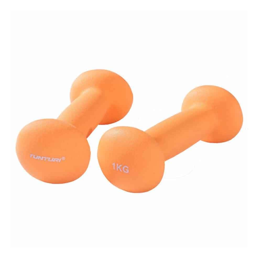 Zwei orangefarbene Kurzhanteln. Auf einer steht "Tunturi", auf der anderen "1KG".