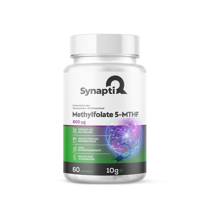 Weißes Fläschchen mit grünem Etikett. Aufschrift: SynaptiQ Methylfolate 5-MTHF, 800 µg, 60 Kapseln, 10g.