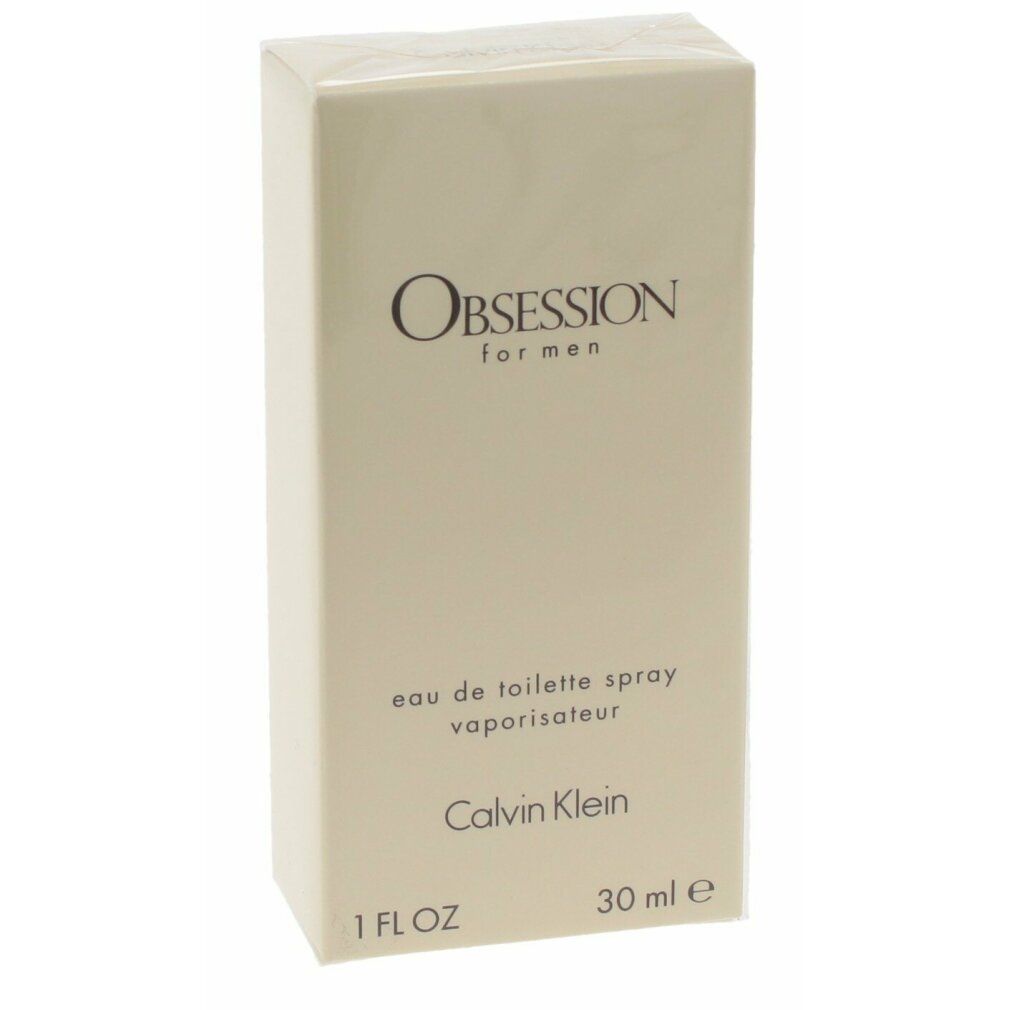 Confezione beige con scritta Obsession for men, Eau de Toilette Spray, Calvin Klein. 1 FL OZ, 30 ml.