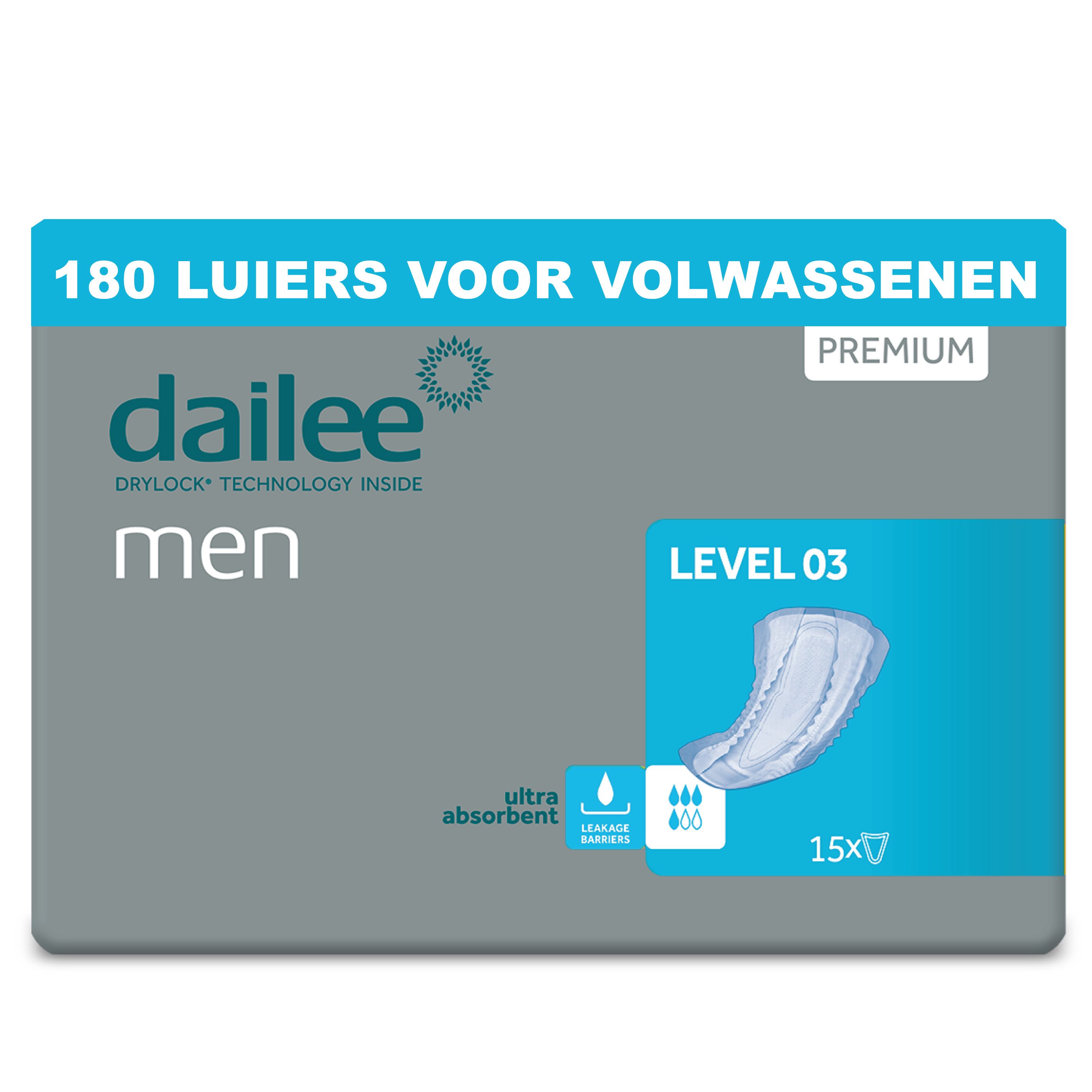 Verpakking Dailee Men Level 3 incontinentie-inlegkruisjes. Blauwe verpakking met productafbeelding en tekst.