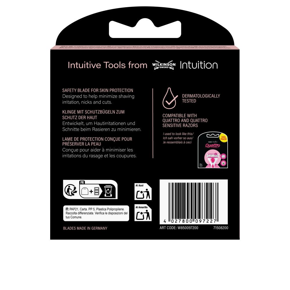 Rückseite einer Wilkinson Sword Intuition Quattro Rasierklingen-Verpackung mit Produktinformationen.