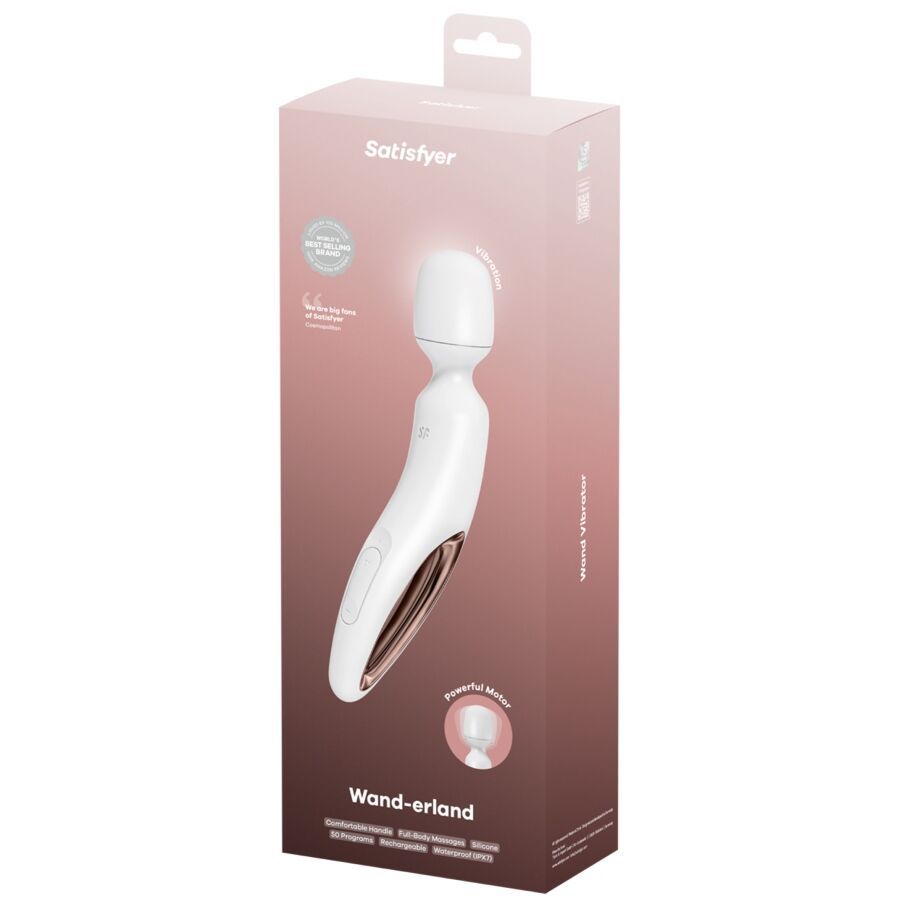 Produktverpackung. Weißes Massagegerät in einer rosa Box. Aufdruck: Satisfyer, Wand-erland, Powerful Motor.