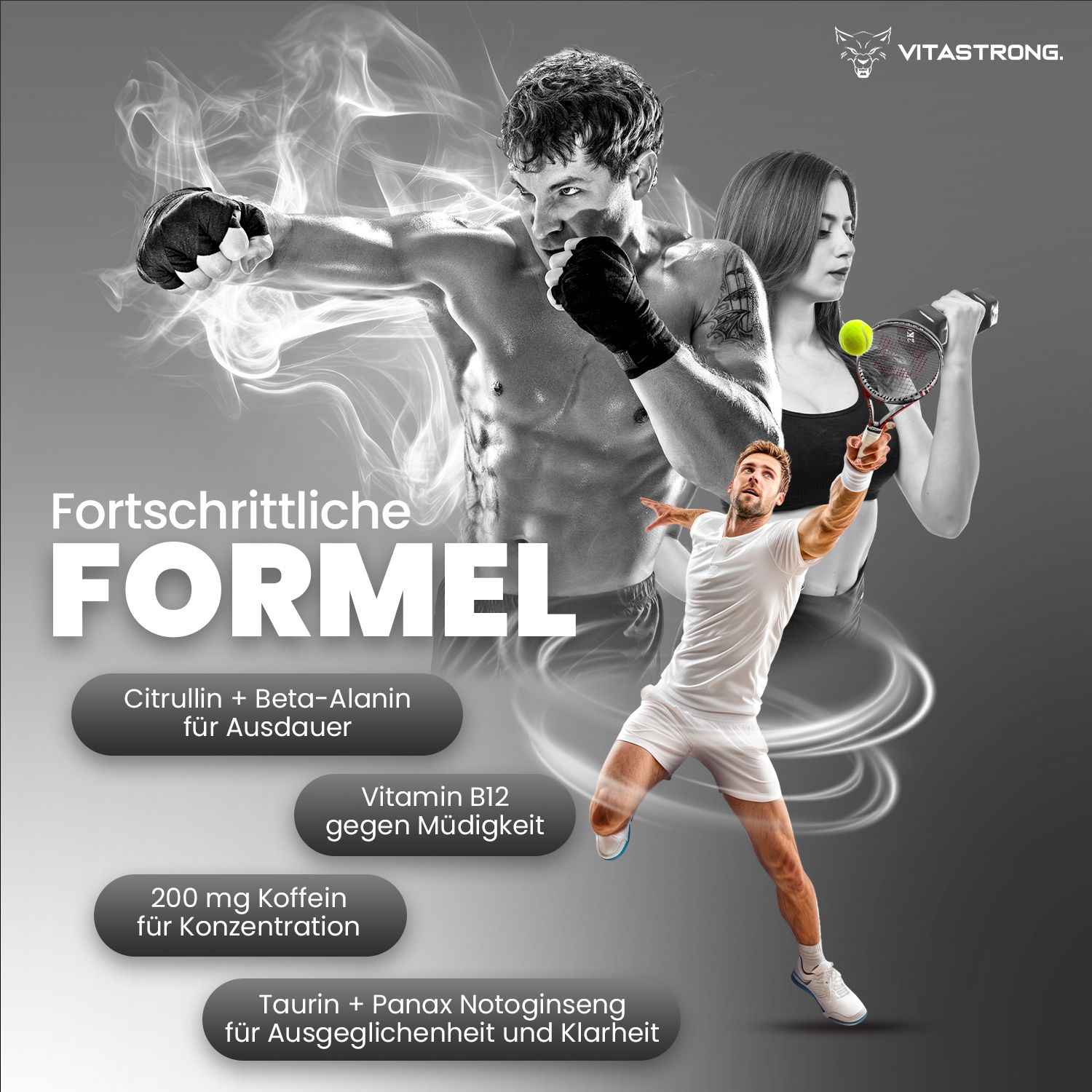 Vitastrong Energy Tropical Dose. Text: ENERGY, Tropical. Mit Sportlern und Text: Formel, Citrullin, Beta Alanin.