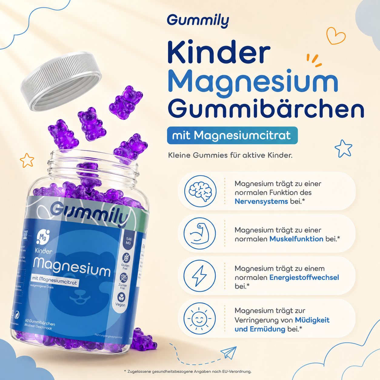 Gummily Kinder Magnesium Gummibärchen mit Magnesiumcitrat, für normale Nerven- und Muskelfunktion.