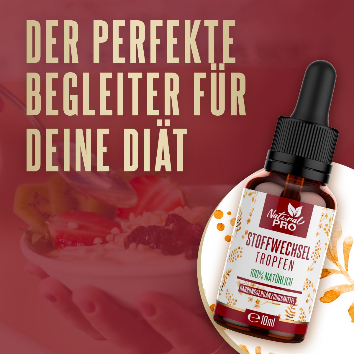 Braune Glasflasche mit schwarzem Tropfer. Etikett mit Text: Stoffwechsel Tropfen, 100% natürlich. E10ml. Hintergrund mit Obst.