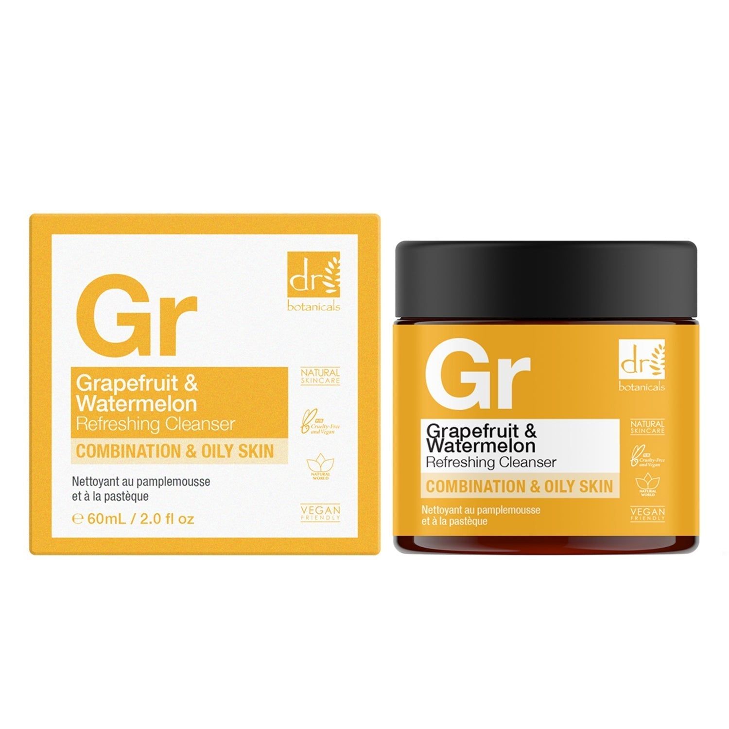 Produkt und Verpackung. Gelber Tiegel und Schachtel. Aufschrift: Grapefruit & Watermelon Refreshing Cleanser. Vegan. 60ml.