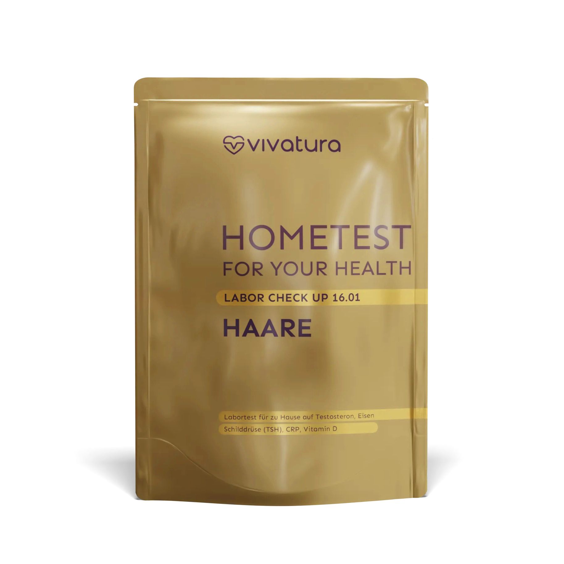 Goldfarbene Verpackung mit Aufschrift "vivatura", "HOMETEST", "HAARE". Enthält Labor-Check für Haare.