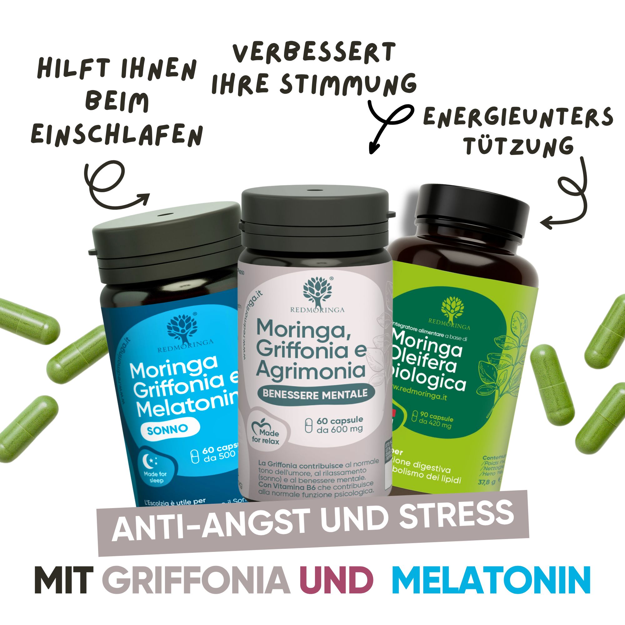 Drei Flaschen RedMoringa: Melatonin, Griffonia/Agrimonia, Bio Moringa Oleifera. Kapseln und Text.