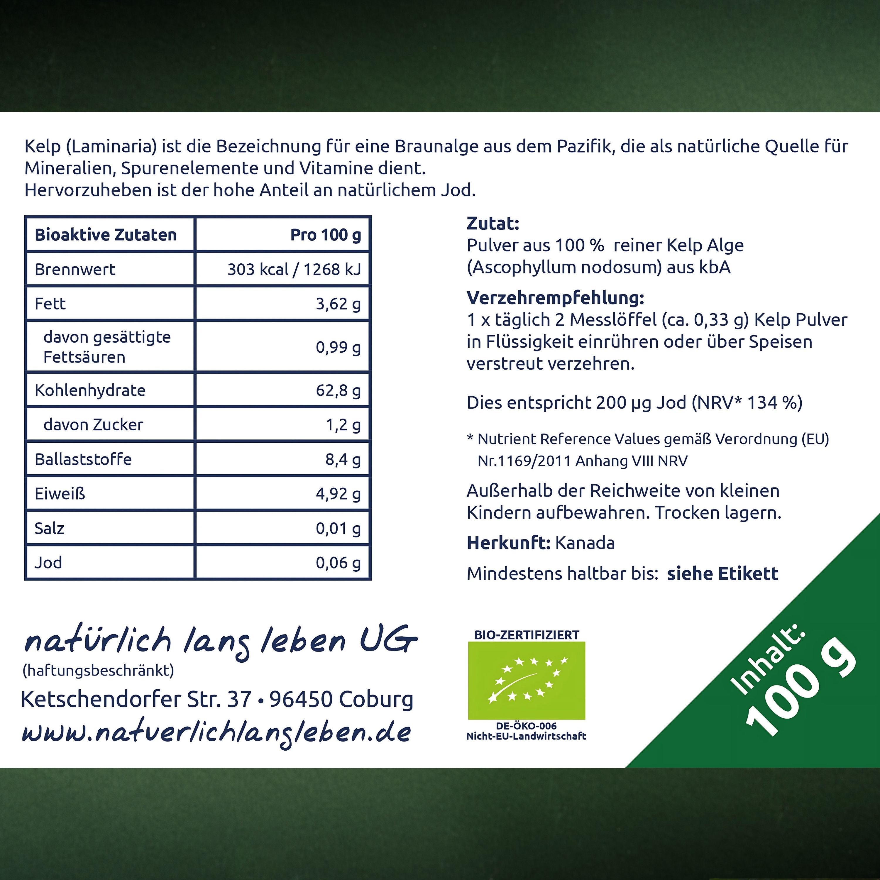 Rückseite der Verpackung mit Nährwertangaben und Zutaten. Text in deutscher Sprache. BIO-Zertifizierung.