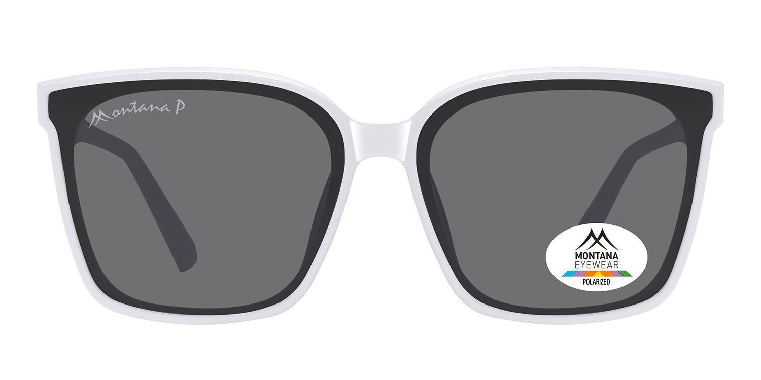 Sonnenbrille mit weißem Rahmen und grauen Gläsern. Auf einem Glas ist ein Aufkleber mit dem Logo von Montana Eyewear und der Aufschrift 'Polarized' zu sehen.
