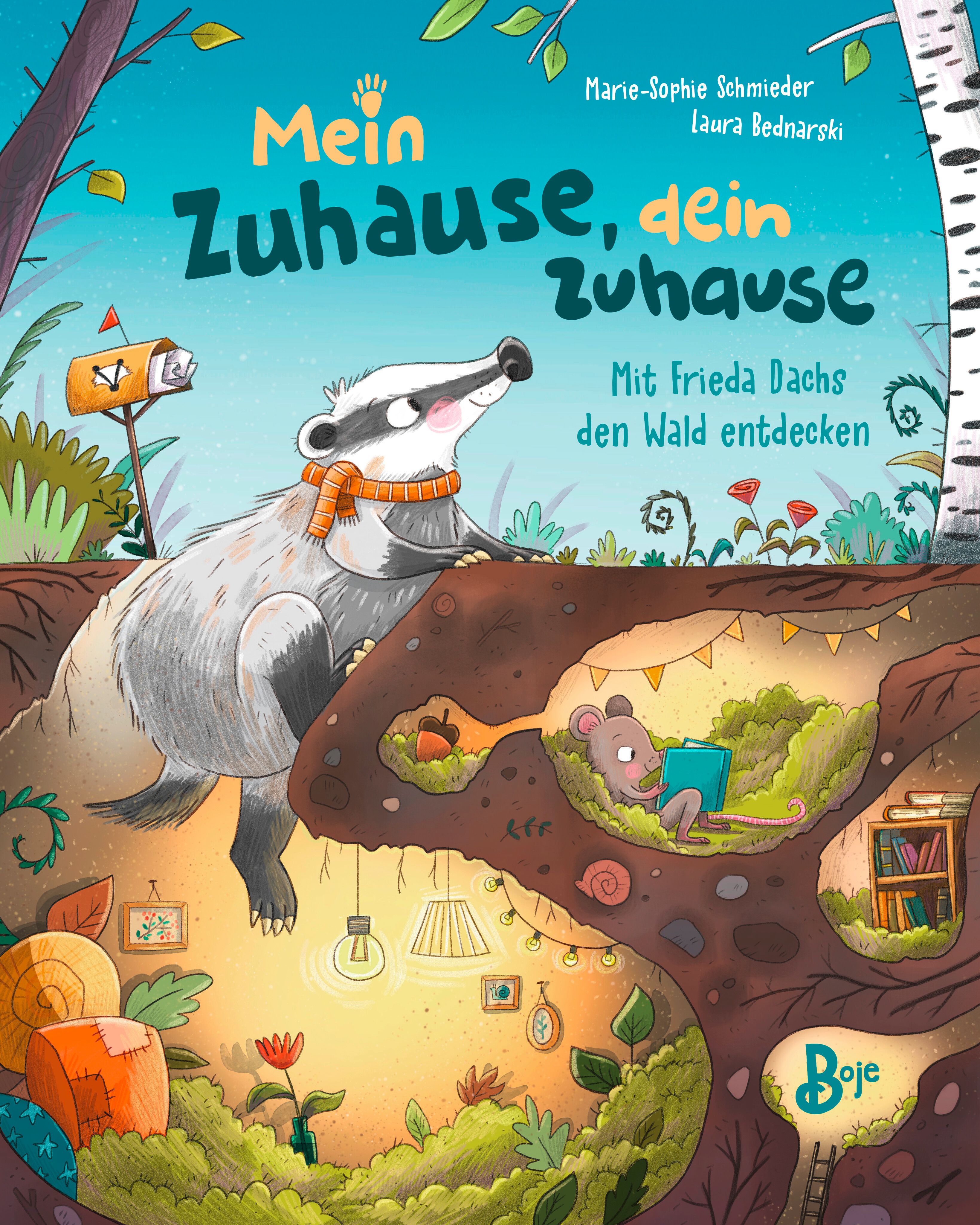 Buchcover mit Illustration. Titel: Mein Zuhause, dein Zuhause. Ein Dachs und eine Maus in einer Höhle. Autorinnen: Marie-Sophie Schmieder, Laura Bednarski.