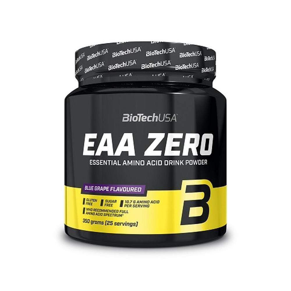 Schwarzes Dose mit gelbem Etikett. Aufschrift: EAA ZERO, Essential Amino Acid Drink Powder. Blaue Traube Geschmack. Glutenfrei, zuckerfrei.