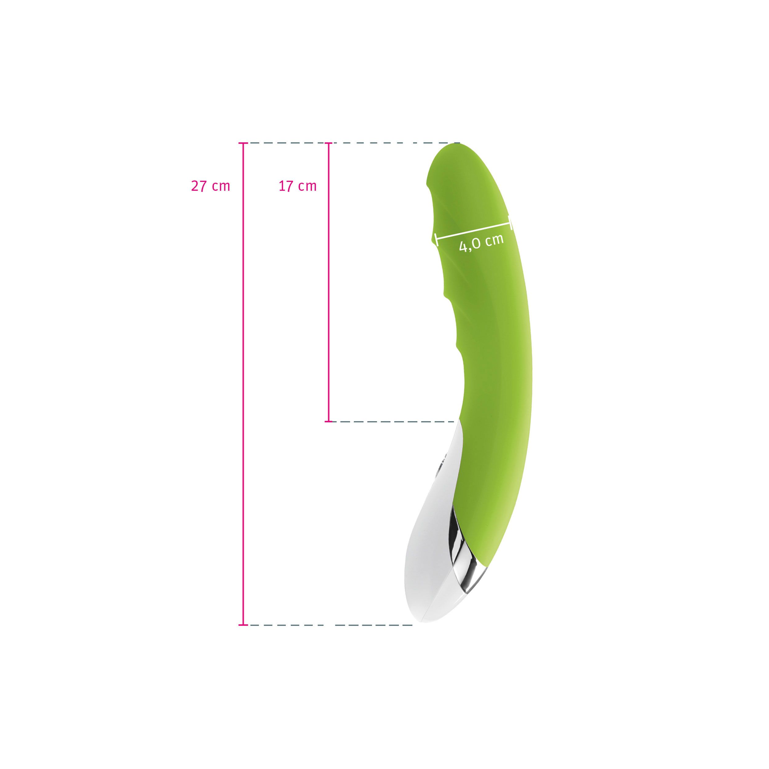 Grüner Vibrator mit weißen Akzenten. Maße: 27 cm lang, 4 cm breit.