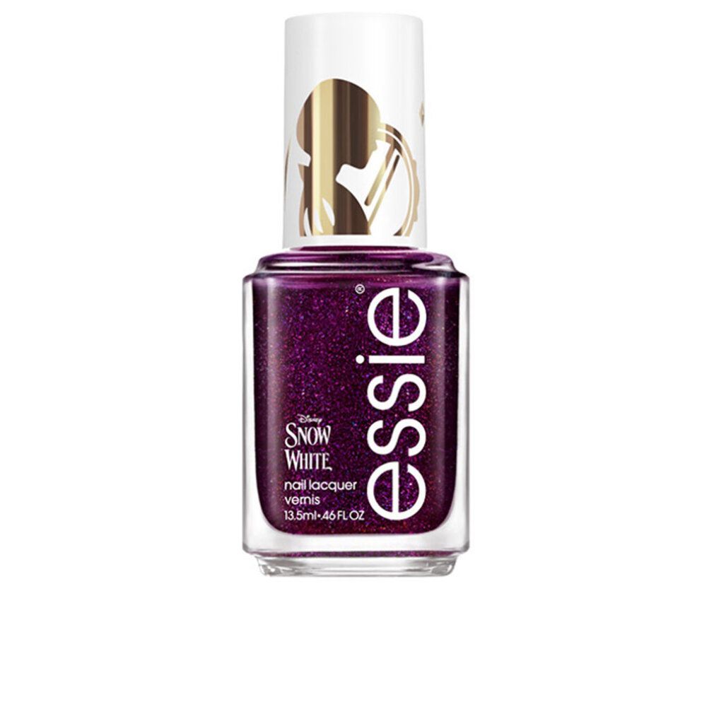 Essie Nagellack Schneewittchen. Dunkelvioletter Nagellack in quadratischer Glasflasche mit weißem Deckel. Goldene Akzente.
