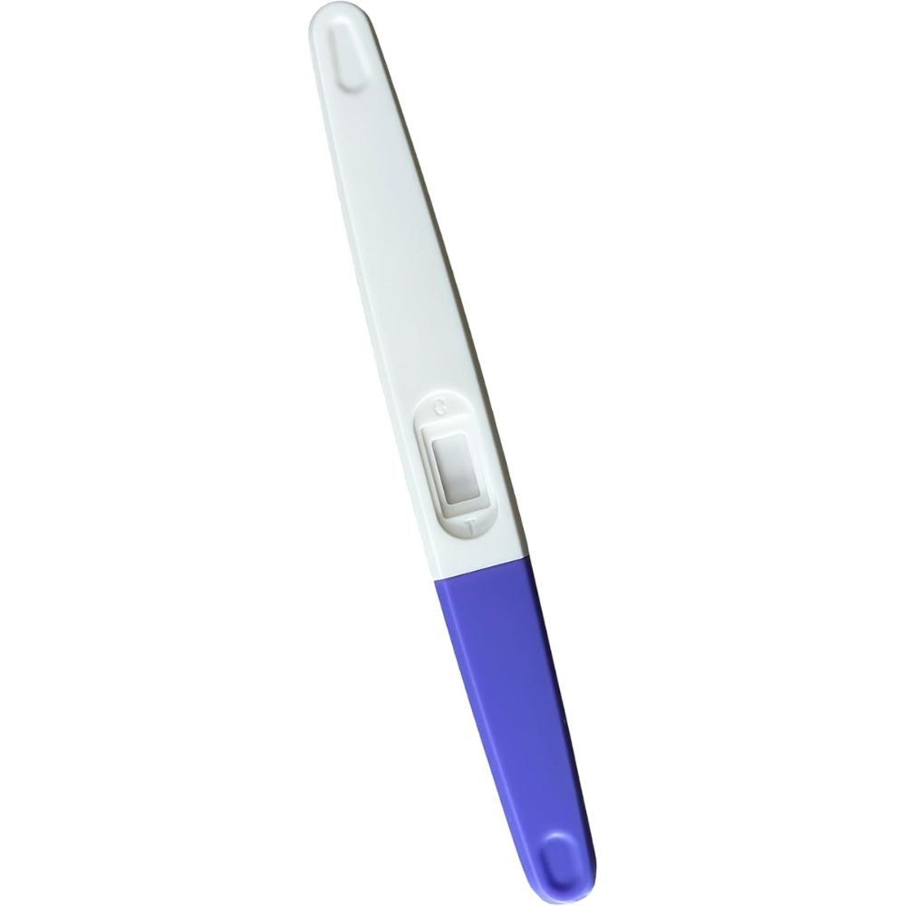 HCG-Teststreifen, weiß und lila. Zwei Bereiche. Für Urin. Kunststoff. CE-Kennzeichnung.