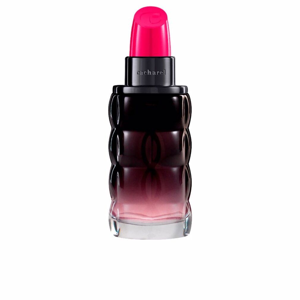 Rosa und schwarze Parfümflasche. Der Flakon hat eine Lippenstiftform und trägt den Schriftzug "Cacharel".