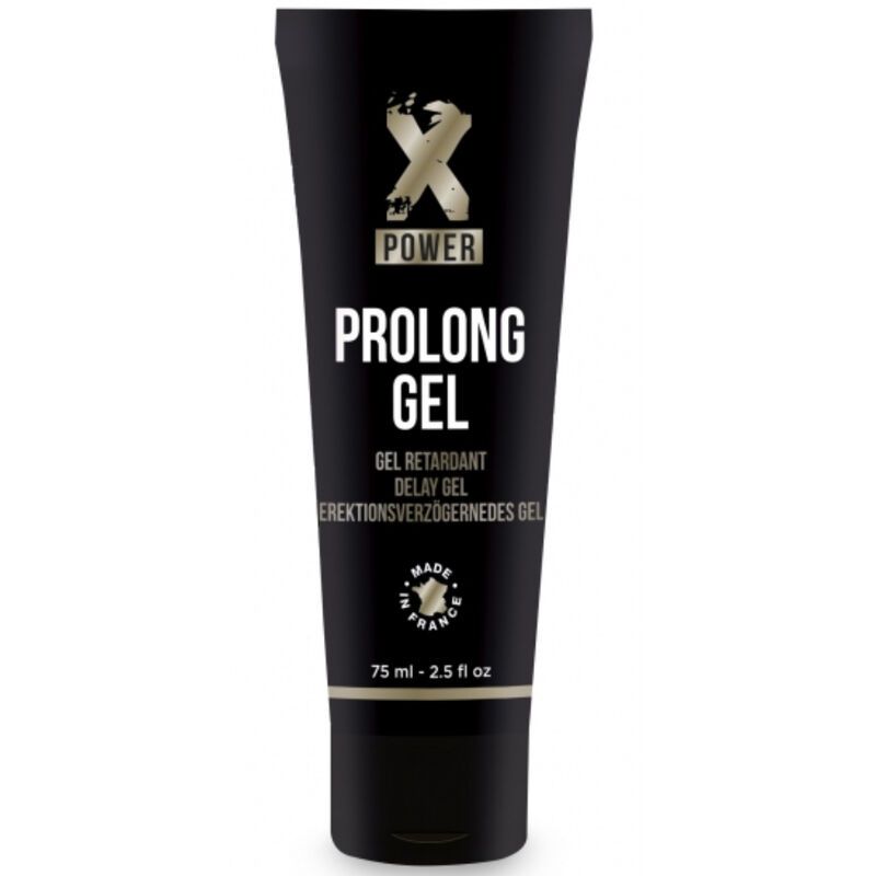 Schwarze Tube mit weißer Schrift. Enthält "Xpower", "Prolong Gel", "Gel retardant", "Erektionsverzögerndes Gel". "Made in France".