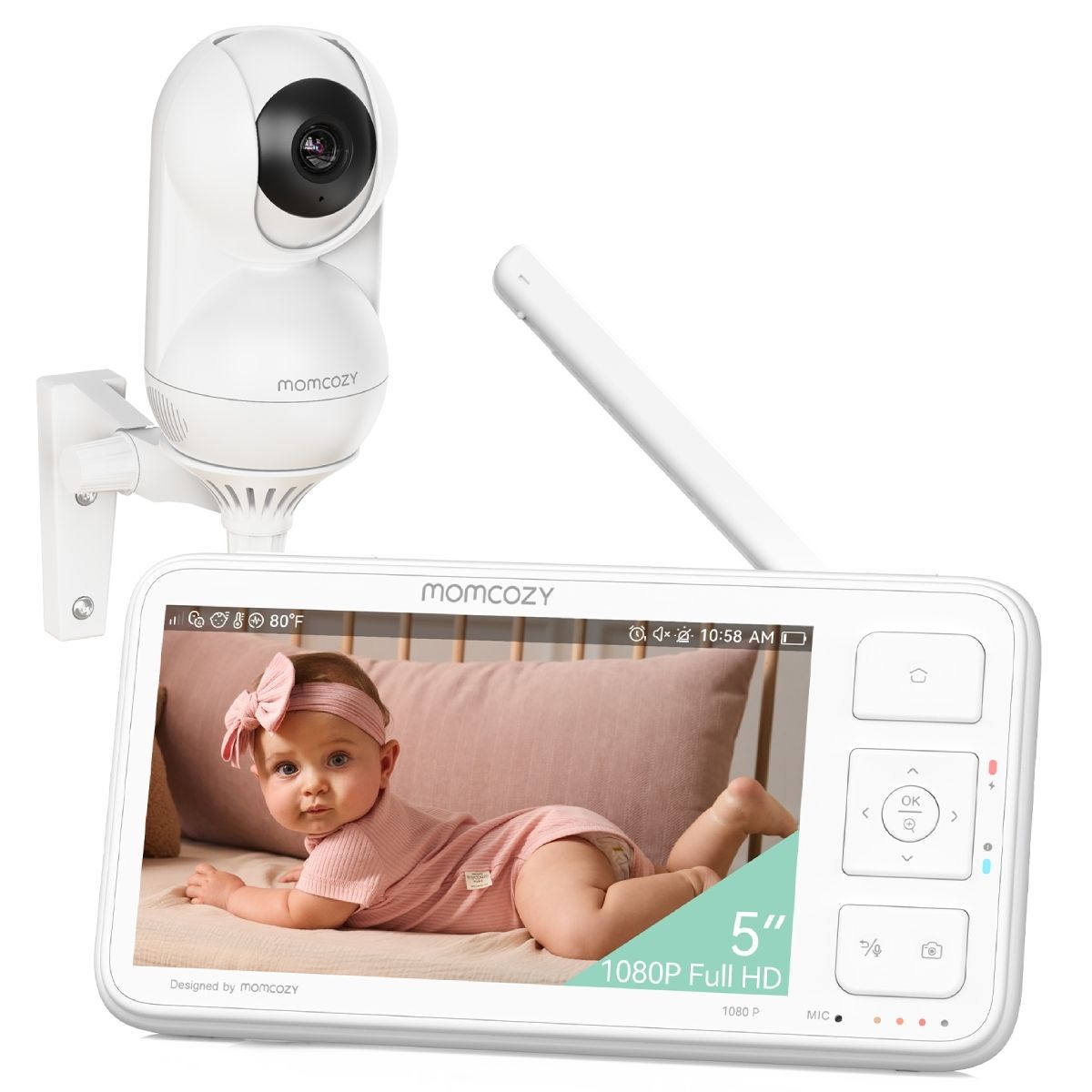 Babyphone mit 5" Bildschirm und Kamera. Weißes Gehäuse. Bildschirm zeigt Baby. Momcozy Logo. Wandhalterung.