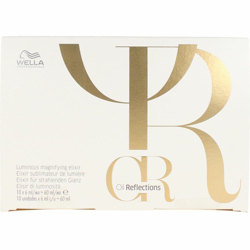 Weiße Produktverpackung mit goldfarbenem Logo und Schriftzug. Enthält Text: Oil Reflections, Luminous magnifying elixir.