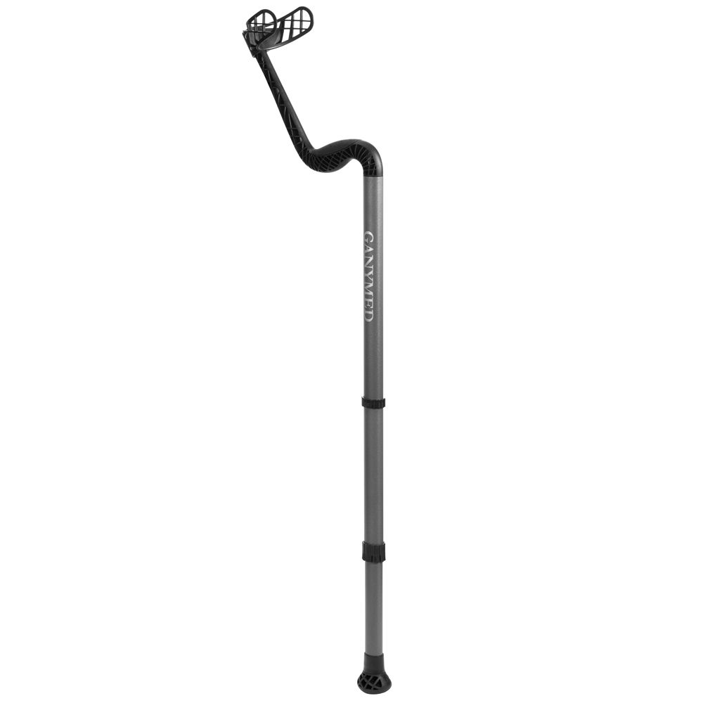 Gehstock mit Unterarmstütze, grau-schwarz. GANYMED®-Schriftzug. Höhenverstellbar, mit ergonomischem Griff und Armauflage.