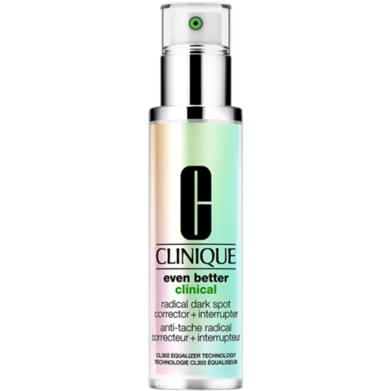 Clinique Even Better Clinical. Flasche mit Pumpe, farbiger Verlauf. Schriftzug: radical dark spot corrector + interrupter.