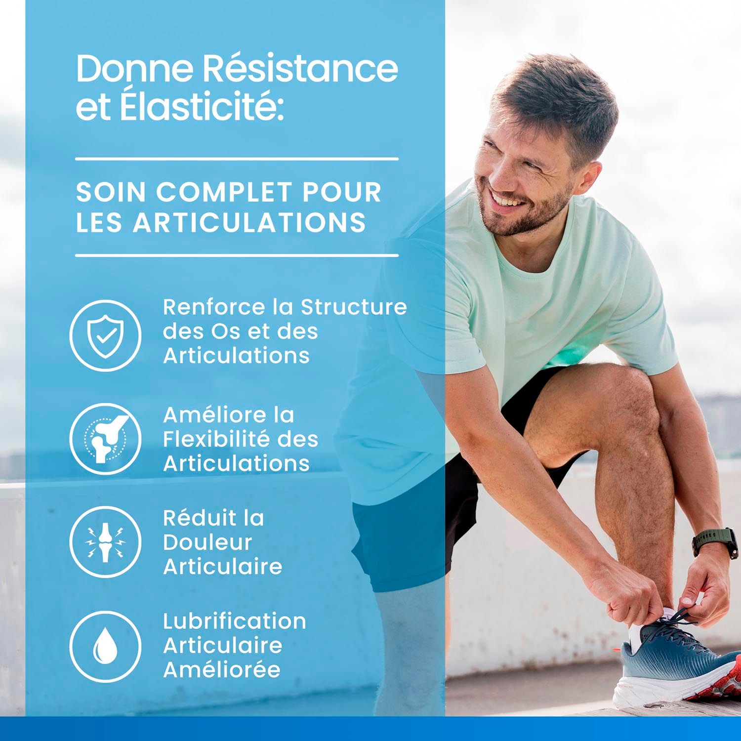Homme attachant ses lacets. Texte: Renforce la structure des os et des articulations, améliore la flexibilité.