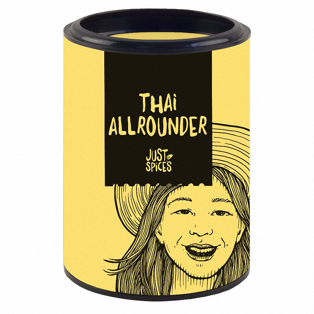 Zylindrische Dose mit schwarzem Deckel. Auf gelbem Hintergrund: "Thai Allrounder" und "Just Spices". Illustration eines Gesichts.