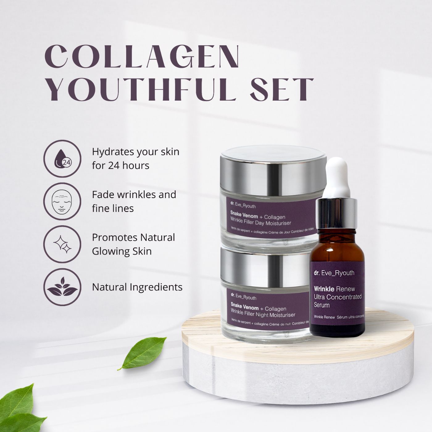 Dr. Eve_Ryouth Set auf Podest. Zwei Cremetiegel, eine Serumflasche. Text: Collagen Youthful Set, Hydrates your skin, Fade wrinkles, Natural Ingredients.