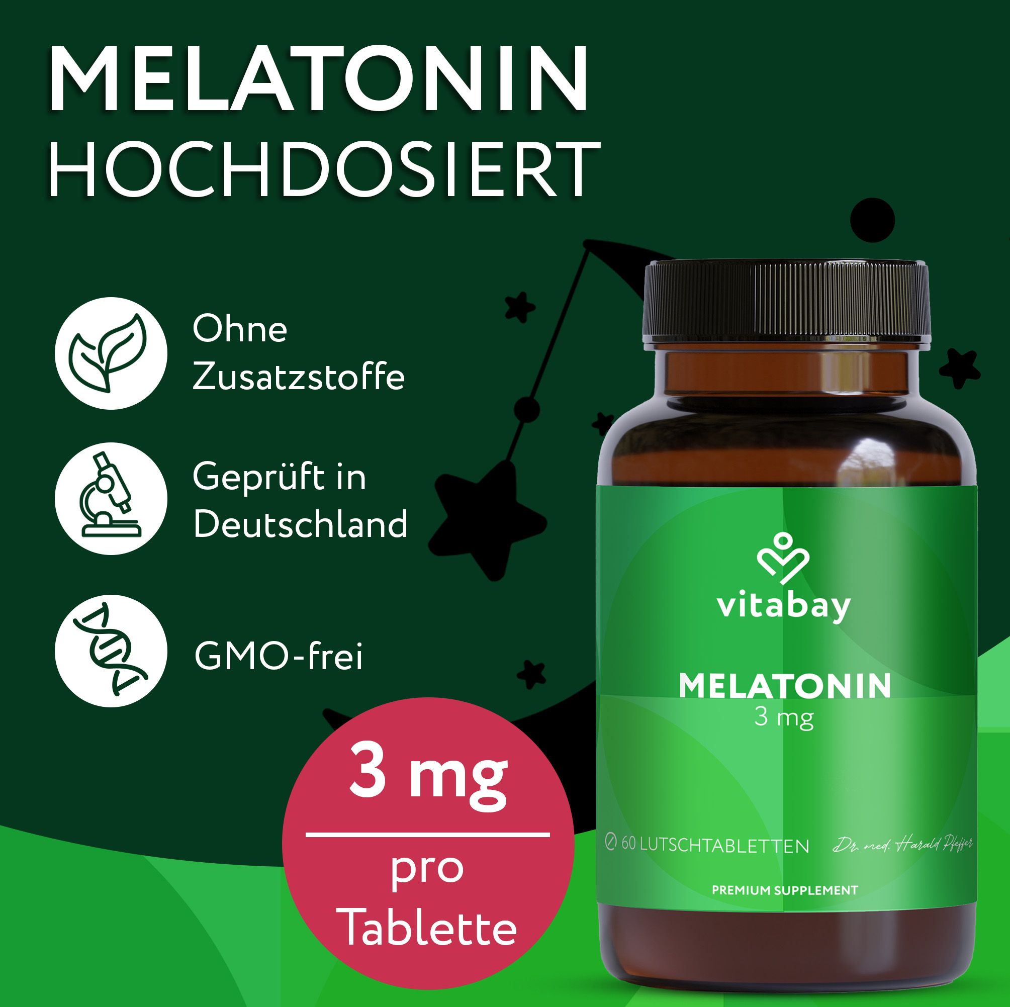 Braune Flasche mit Vitabay Melatonin 3mg. 60 Lutschtabletten. Text: 3 mg pro Tablette. Ohne Zusatzstoffe. Geprüft in Deutschland. GMO-frei.
