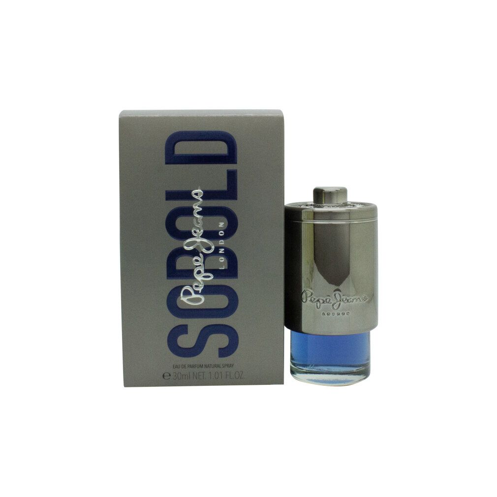 Pepe Jeans SoBold for Him Eau de Parfum. Flakon und Verpackung. Silberfarbener Flakon mit blauem Inhalt. Verpackung mit Schriftzug SoBold.