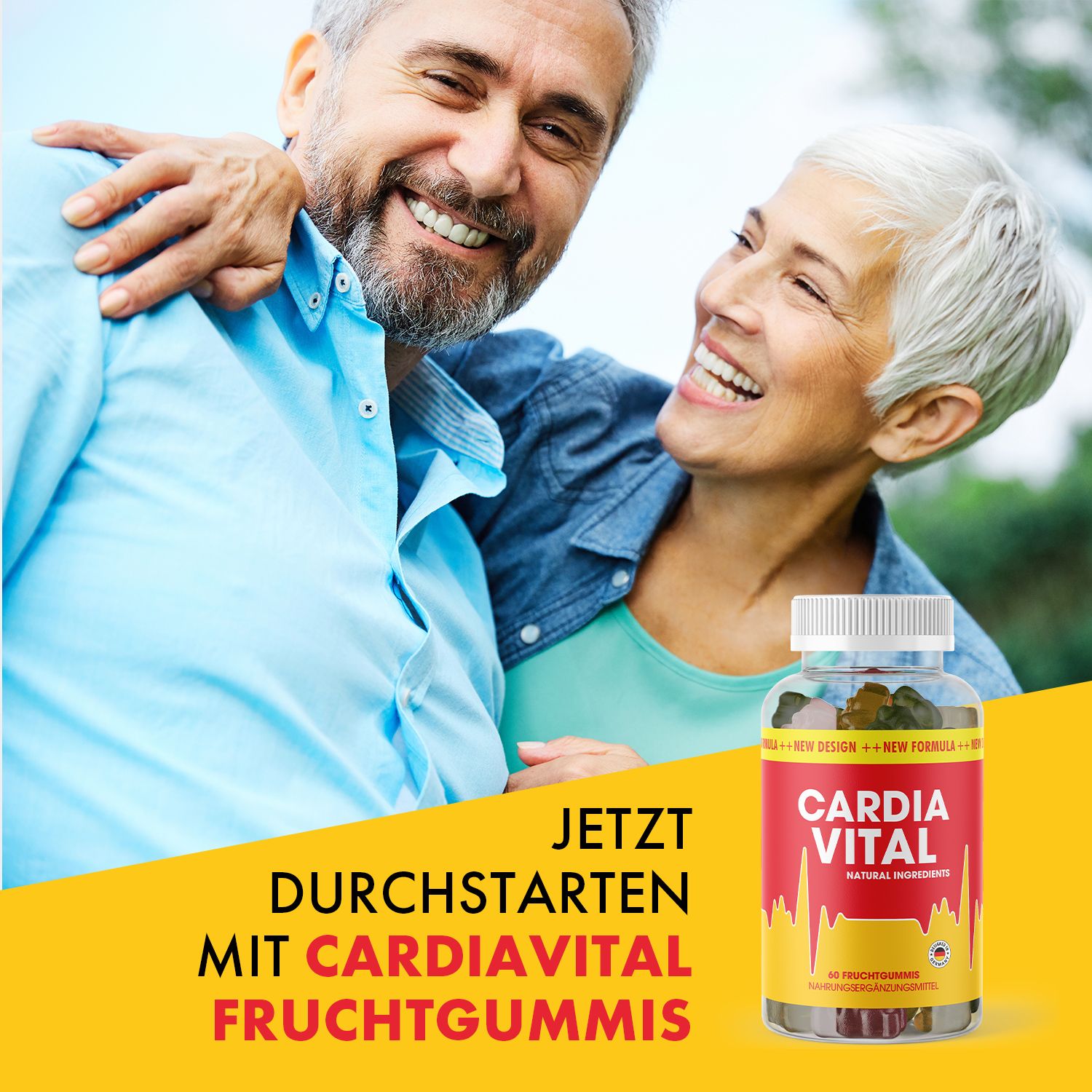 Älteres Paar lächelt. Flasche mit CARDIA VITAL. Text: Jetzt durchstarten mit CARDIAVITAL Fruchtgummis.