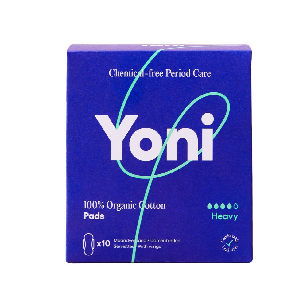 Blaue Schachtel mit "Yoni"-Logo. Aufschrift: "100% Organic Cotton Pads".