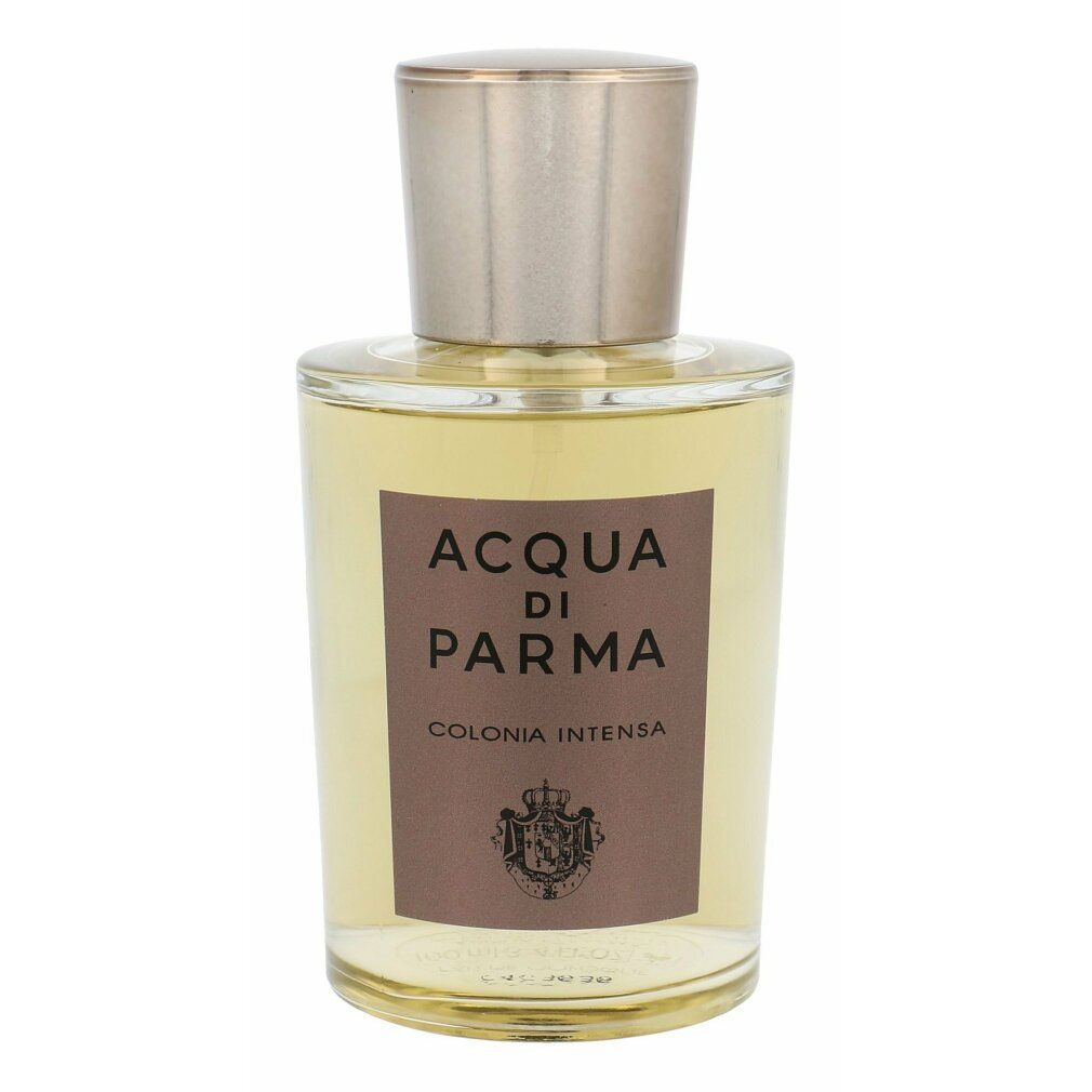 Acqua di Parma Colonia Intensa Eau de Cologne Spray. Glasflakon mit silbernem Verschluss. Produktname und Logo auf dem Etikett.