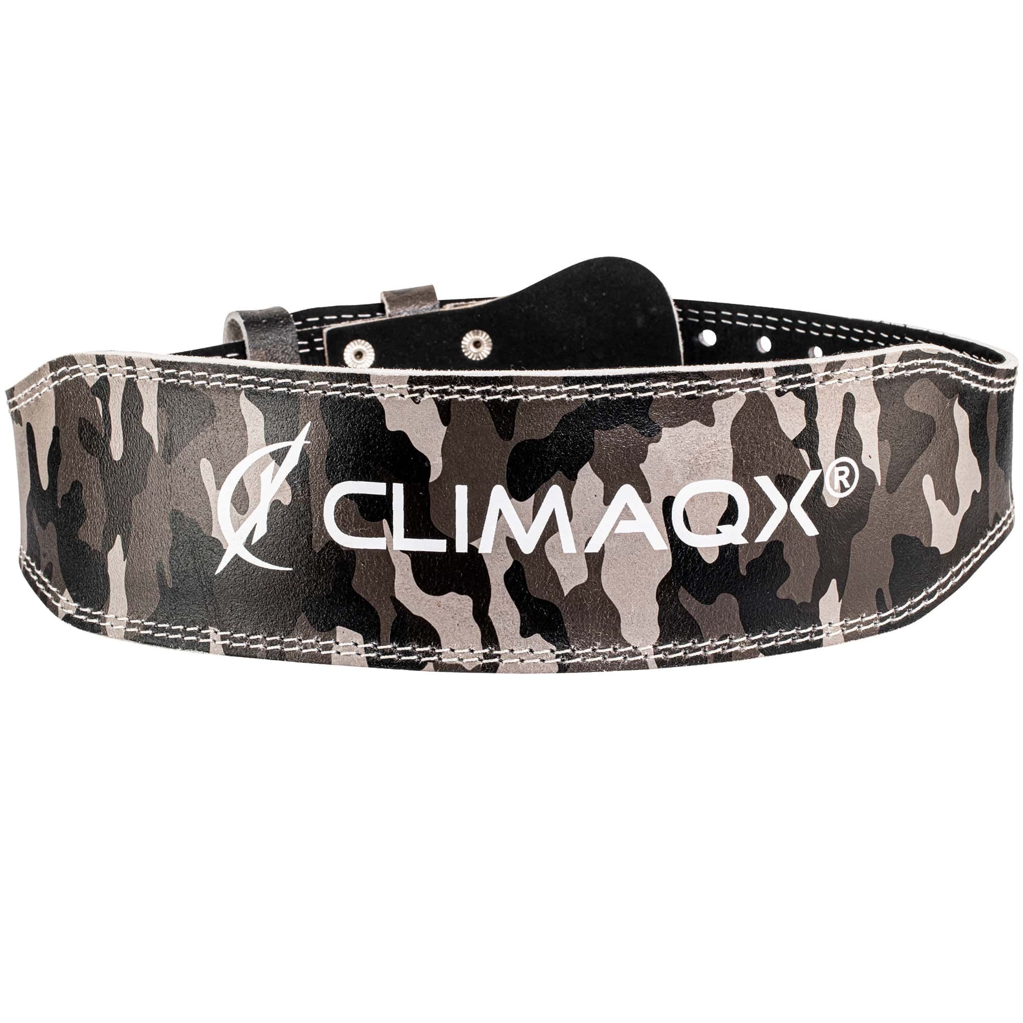 CLIMAQX Power Belt. Camouflage-Muster. Schwarzes Leder mit weißem Logo. Schnalle und Löcher zur Größenanpassung.