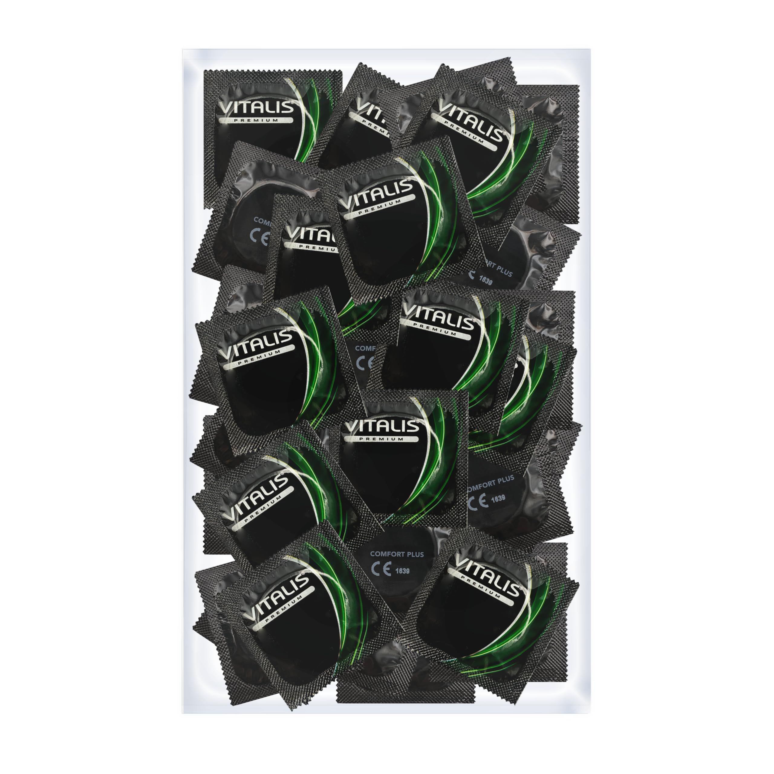 Viele einzeln verpackte Kondome mit schwarzem Design und grünen Akzenten. CE-Kennzeichnung sichtbar.