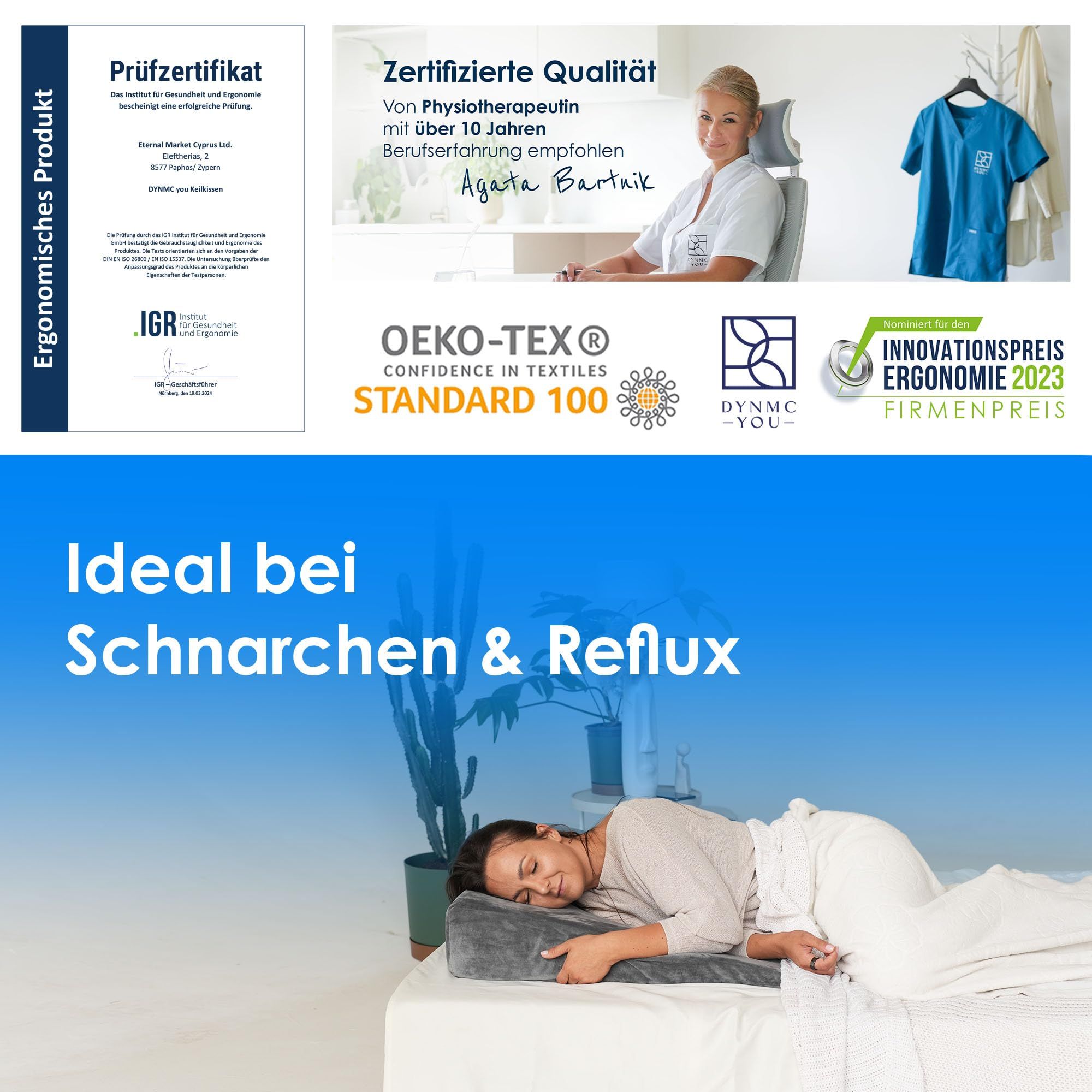 Frau liegt auf Keilkissen. Text: Ideal bei Schnarchen & Reflux. Zertifizierte Qualität, Oeko-Tex Standard 100, IGR.