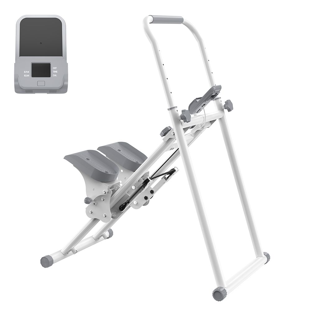 Weißer Stepper mit Lenker und Pedalen. Ein Display ist sichtbar. Der Stepper ist freigestellt.