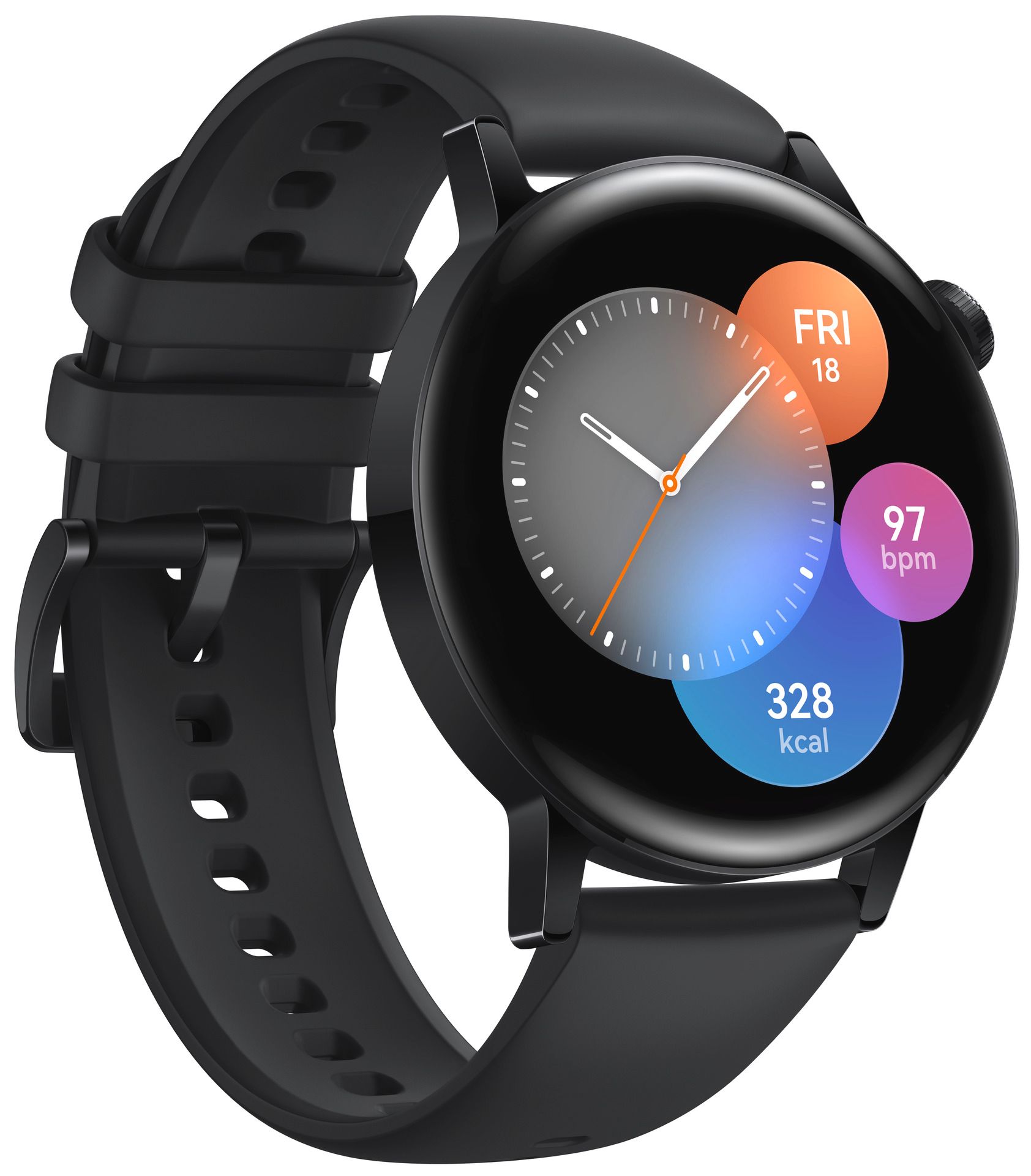 Schwarze Smartwatch mit rundem Zifferblatt und schwarzem Armband. Zeigt Datum, Herzfrequenz und Kalorien an.