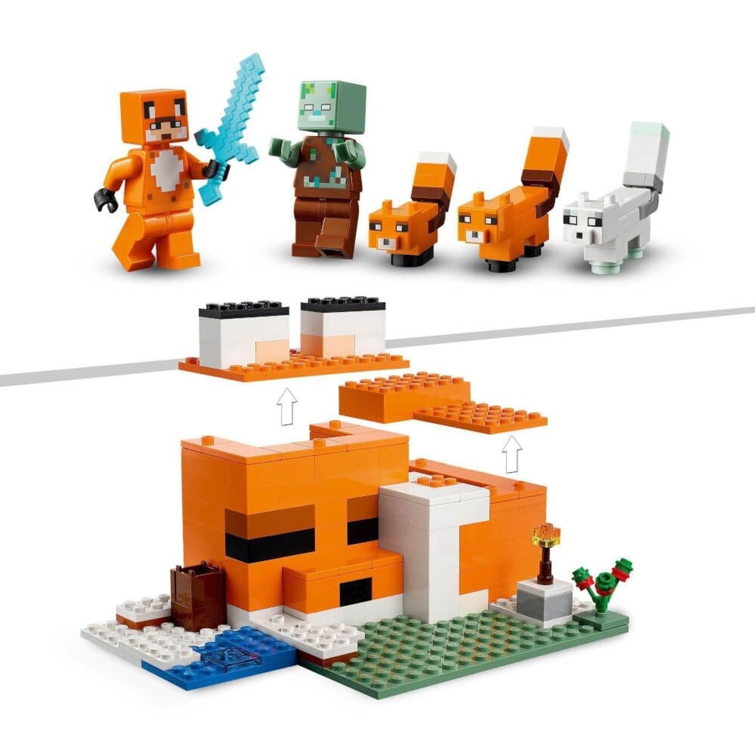 LEGO Minecraft 21178. Orangefarbenes Gebäude mit weißen Elementen. Figuren: Fuchs, Zombie, Füchse, weißer Fuchs. Teile zum Zusammenbauen.