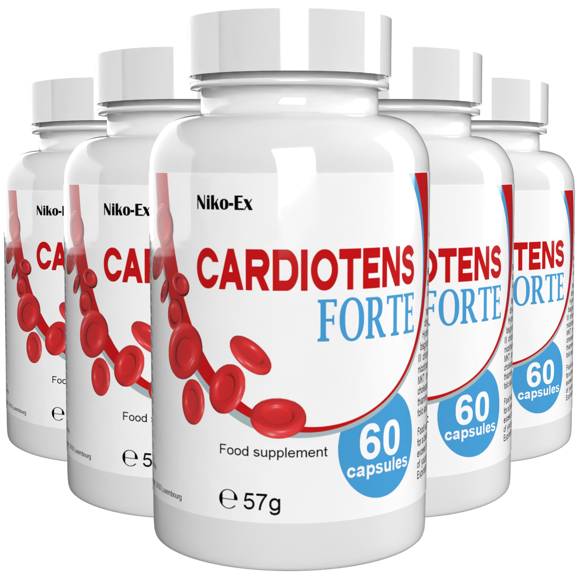 Fünf Flaschen Cardiotens Forte, Nahrungsergänzungsmittel, 60 Kapseln pro Flasche.