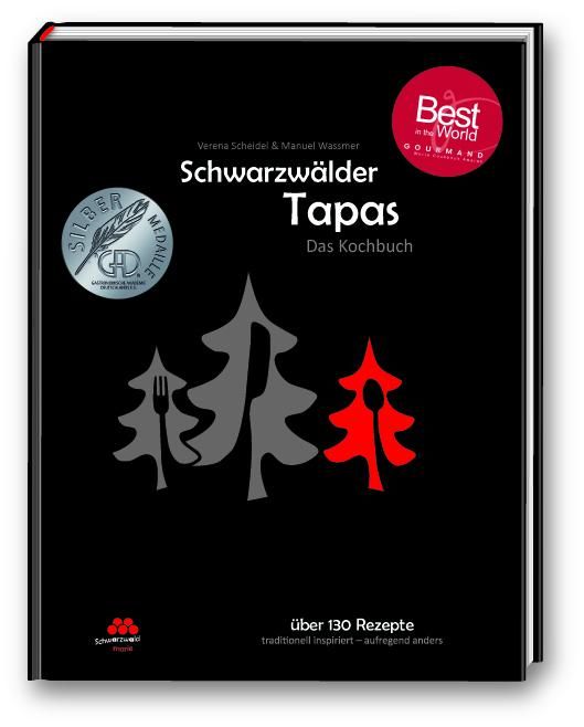 Buchcover: Schwarzwälder Tapas. Schwarzer Hintergrund, Titel, Autoren, Auszeichnungen, rote und graue Baum-Illustrationen.
