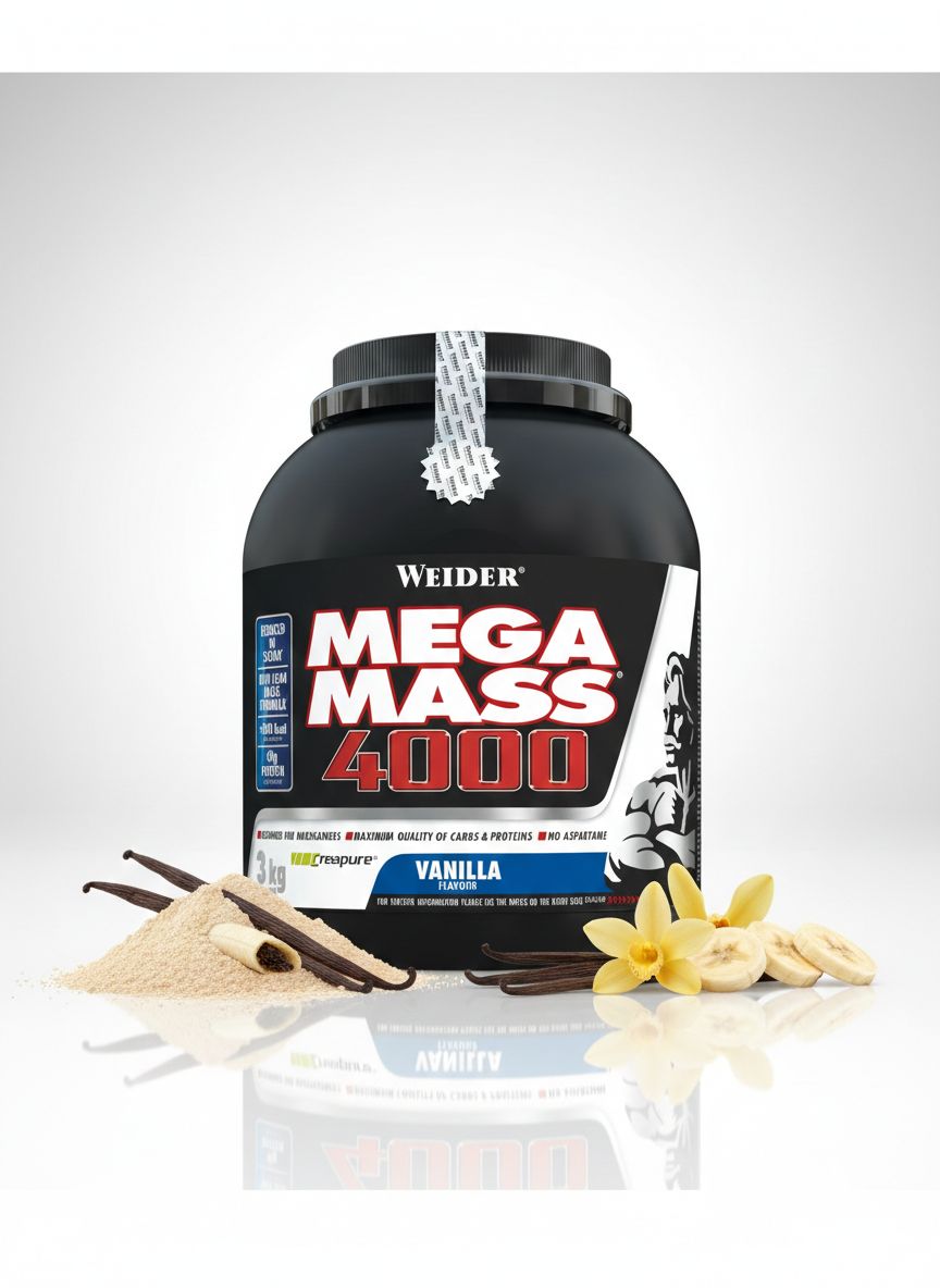 Weider Mega Mass 4000 Vanillegeschmack. Behälter, Pulver, Bananenscheiben und Vanilleschoten.