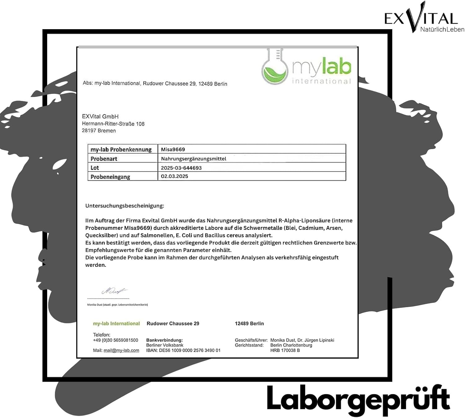 Laborbericht von mylab international für EXVital R-Alpha-Liponsäure. Bestätigt die Qualität des Produkts.