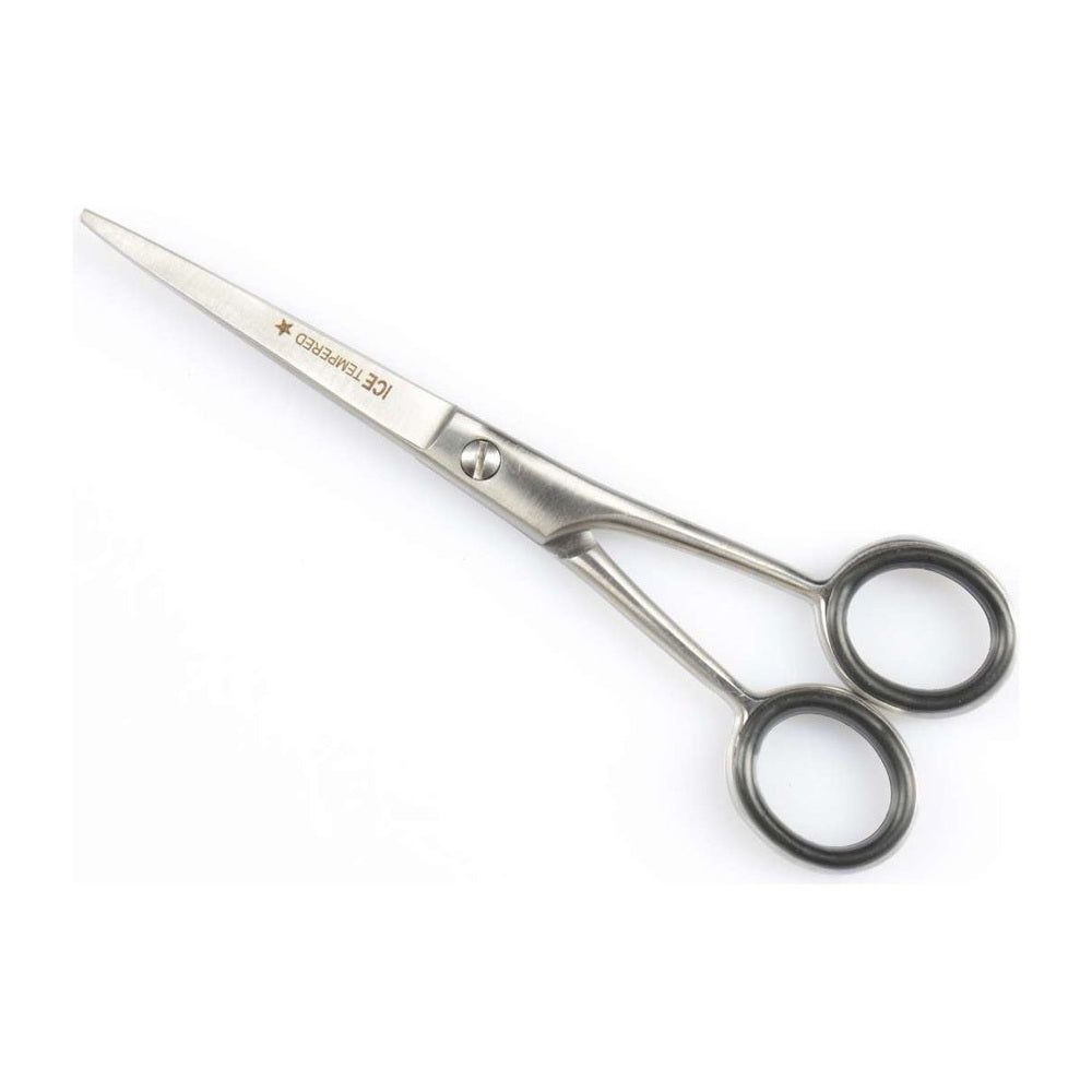 Haarschneideschere aus Metall. Mit zwei runden Griffen und einer Klinge mit der Aufschrift "ICE TEMPERED".